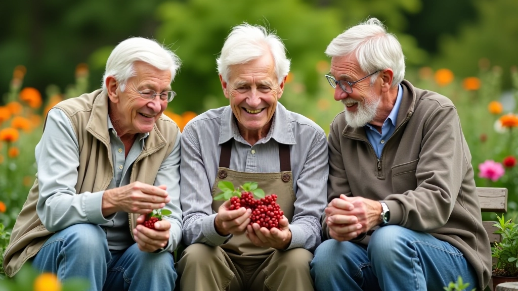 Trīs seniori sēž uz ārējās sola un pārrunā dārzus, ar ogu košļ rokas