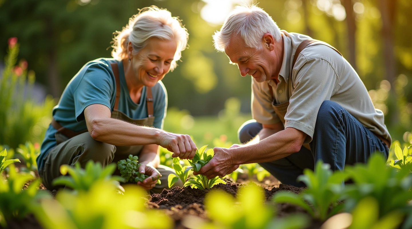 Seniori strādā kopā savā dārzkopības saimniecībā, stādot dārzeņus